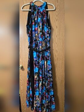 New York & Company Black Floral Maxi Dress with Blue Accents